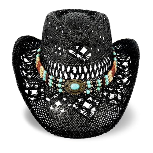 Foeran Men's Women's Straw Cowboy Hat Cowgirl Woven Sun Hat Western Cowboy Hat Two Decorative Bands - color: Black-turquoise