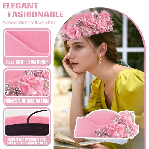 Women's Retro Stewardess Felt Hat, British Berets, Rhinestone Flower Decor, Ladies' Church Derby Hat - color: Pink