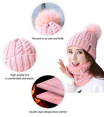 IYEBRAO Womens Winter Knit Beanie Hat and Scarf Set Girls Cute Slouchy Thick Fleece Lined Ski Hat Warm Skull Cap with Pom - color: A8-pink
