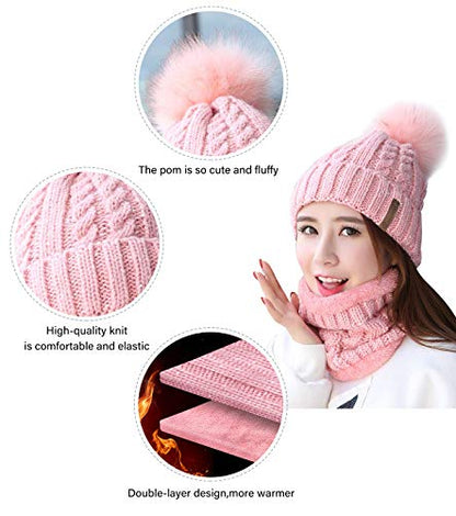 IYEBRAO Womens Winter Knit Beanie Hat and Scarf Set Girls Cute Slouchy Thick Fleece Lined Ski Hat Warm Skull Cap with Pom - color: A8-pink