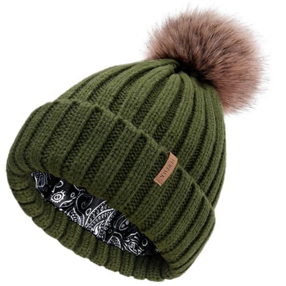 FURTALK Womens Winter Beanie Hat Satin Lined Faux Fur Pom Pom Beanies Hat for Women Winter Warm Knit Hats - color: Green