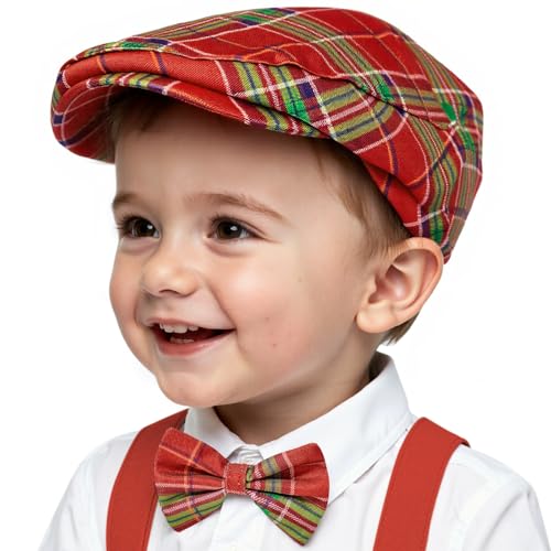 American Trends Baby Boy Newsboy Cap 2 Pack with Bow Tie - color: Christmas Grid, size: 6-12 Months