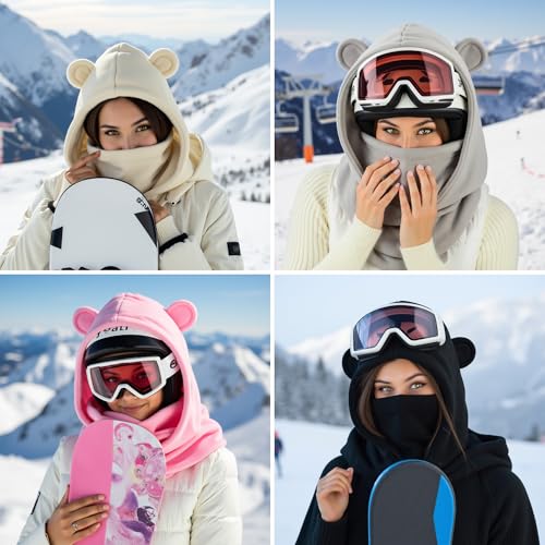 Fleece Balaclava Over Helmet - Warm Helmet Ninja Hood - Snowboard Hooded Hat Neck Gaiter Ski Mask - color: Sand-earsup, size: One Size