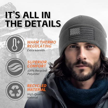 OUTDOOR SHAPING American Flag Fleece Beanie with Embroidered Patch Hat - color: Black+grey