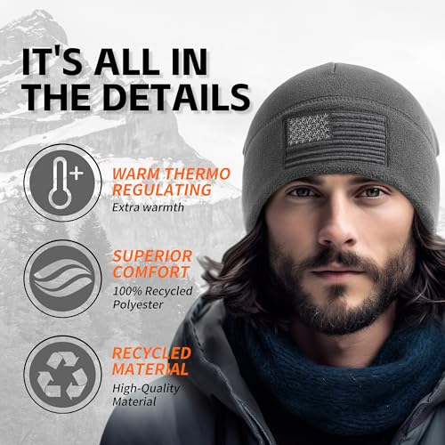 OUTDOOR SHAPING American Flag Fleece Beanie with Embroidered Patch Hat - color: Gray