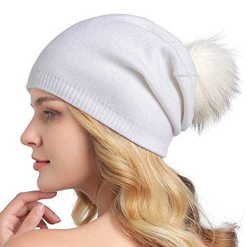 Women Knit Wool Beanie - Winter Fashion Solid Wool Hats Real Removable Raccoon Fur Pom Pom Warm Ski Beanie - color: 03- White