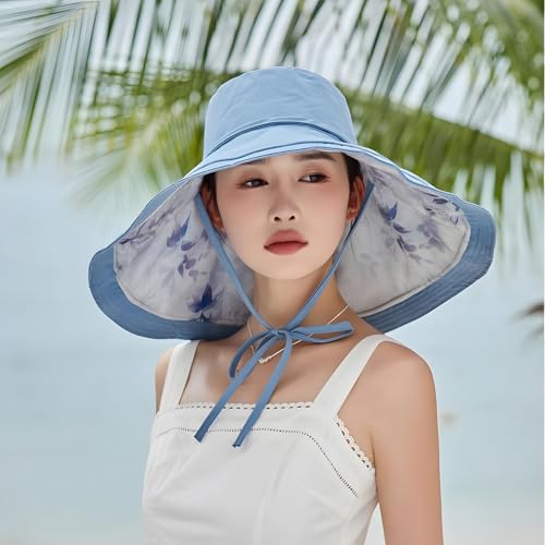 HUAMULAN Women Wide Brim Reversible Sun Hat Summer Beach Fishing Bucket - color: Blue