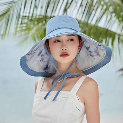 HUAMULAN Women Wide Brim Reversible Sun Hat Summer Beach Fishing Bucket - color: Blue