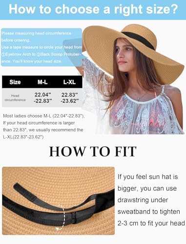 Floppy Sun Hats for Women, Summer Wide Brim Straw Beach Hat - color: Khaki, size: X-Large