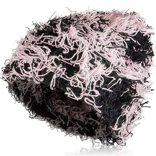 Chuarry Distressed Knitted Beanie Fuzzy Winter Hat - color: Black and Pink