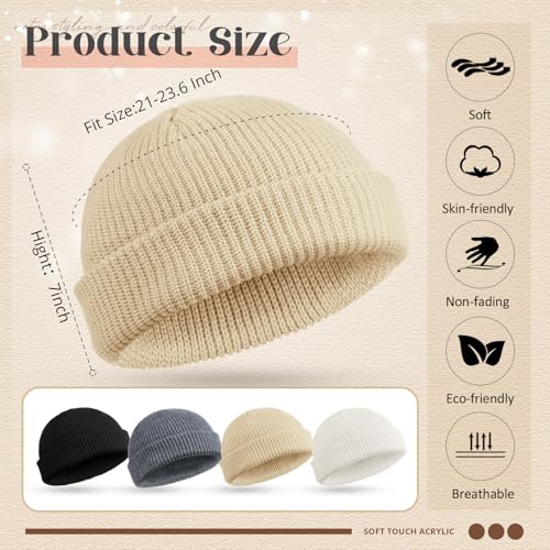 SATINIOR 4 Pieces Trawler Beanie Watch Hat Roll up Edge Skullcap Fisherman Beanie Unisex - color: Black, Dark Gray, White, Apricot, size: One Size