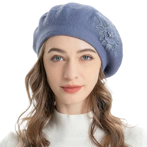 ZLYC Women French Beret Hat Reversible Solid Color Mosaic Warm Artist Cap - color: Flower Haze Blue