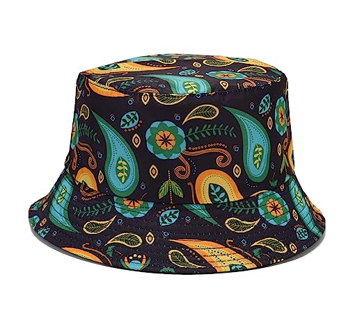 Quanhaigou Bucket Hat for Men Women,Packable Reversible Printed Sun Hats,Fisherman Outdoor Summer Travel Hiking Beach Caps - color: Black Green Paisley