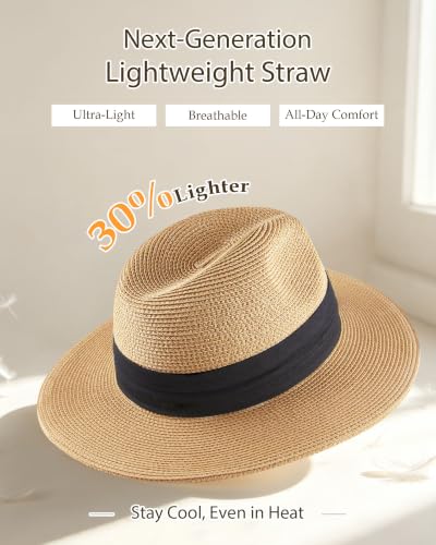 Straw Fedora Panama Hat for Men Women, UPF 50+ Wide Brim Sun Hat, Lightweight Packable Summer Beach Hat - color: Khaki, size: Medium