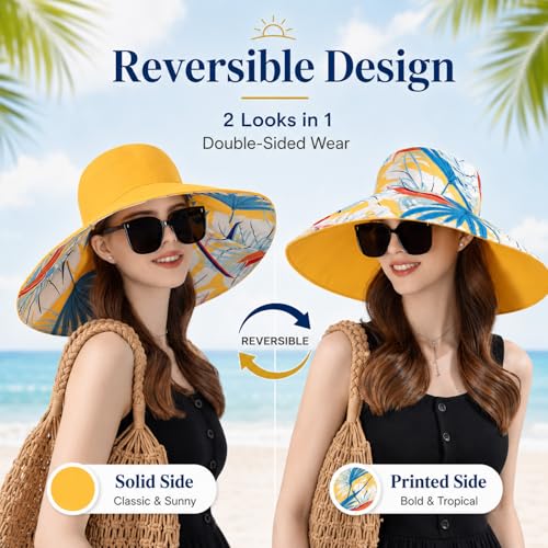 HUAMULAN Wide Brim Women Summer Sun Floppy Hat Reversible Beach Bucket Hat - color: Bg8240-yellow