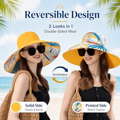 HUAMULAN Wide Brim Women Summer Sun Floppy Hat Reversible Beach Bucket Hat - color: Bg8240-yellow