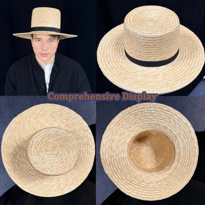 Amish Straw Boater Hat for Men Women Skimmer Hats 20's Vintage Style Flat Top Hat Wide Brim with Black Fabric Band Halloween Costume Accessory