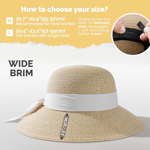 Womens Straw Beach Sun Hat, UV Protection UPF 50+, Lightweight Straw Bucket Hat, Summer Travel - color: Mix Beige-ribbon, size: Medium