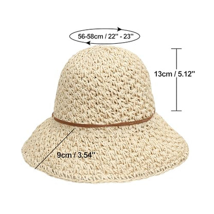 Women Wide Brim Sun Hat UPF50 Straw Summer Hat Floppy Beach Hat Roll-Up - color: Straw Hat Beige