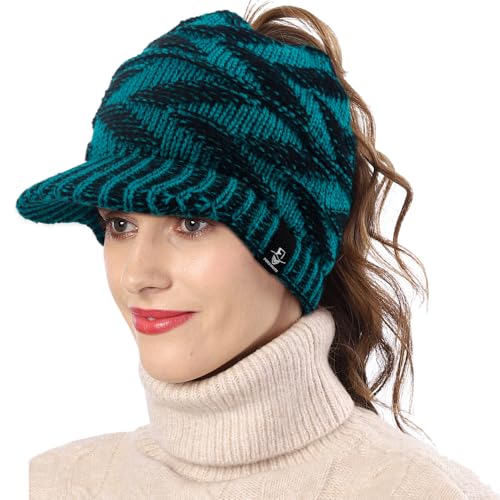 Women's BeanieTail Warm Knit Hat Messy High Bun Ponytail Visor Beanie Cap - color: B341-blue, size: Medium