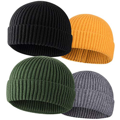 ROYBENS Wool Fisherman Beanies for Men Knit Short Watch Cap Winter Warm Hat - color: 4pcs-black, Yellow, Army Green, Gray