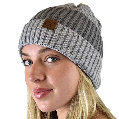 C.C Winter Warm Multi Knit Tricolor Skull Cap Cuff Beanie - color: Rose/Light Melange Gray