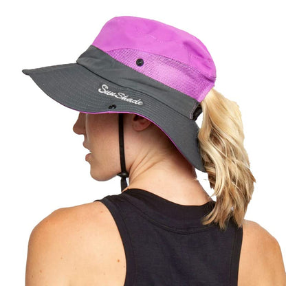 Women's Outdoor-UV-Protection-Foldable-Sun-Hats-Wide-Brim Hat Ponytail-Hole - color: Purple