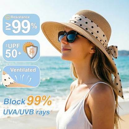DRESHOW Sun Hats for Women Travel Fedora Foldable Beach Sun Hat Summer Wide Brim Straw Bucket Hat with Bowknot UPF 50+ - color: 1 Pack Bowknot Straw Hat: Khaki (Beige Polka Dot Band)