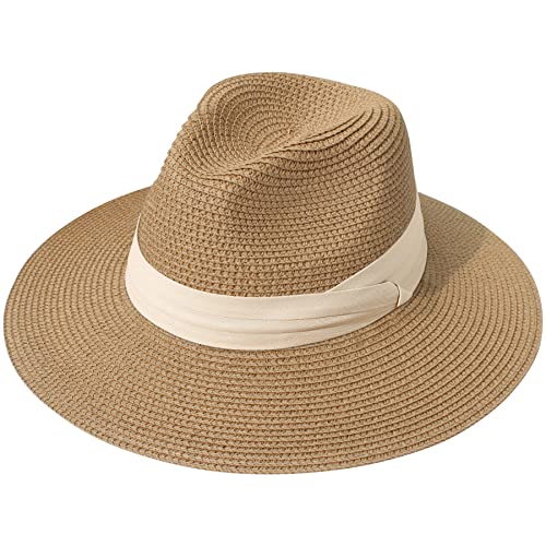 Lanzom Women Wide Brim Straw Panama Roll up Hat Fedora Beach Sun Hat UPF50+ - color: Beige/Brown, size: One Size-Medium