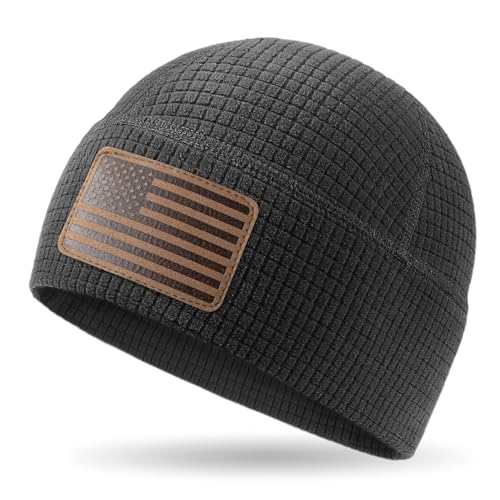 OUTDOOR SHAPING American Leather Flag Fleece Watch Cap, USA Multi-Season Army Military Tactical Beanie, Winter Warm Beanie - color: Black