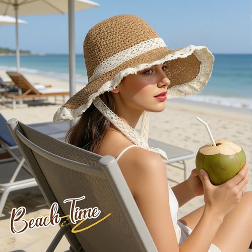 Beach Hats for Women, UPF 50+ Packable Floppy Lace Trim Sun Hat - color: Khaki