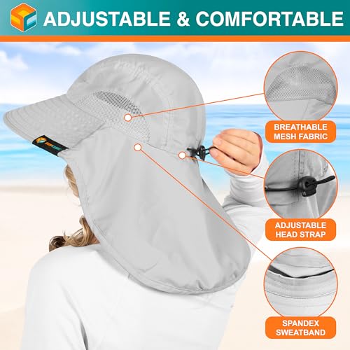 SUN CUBE Wide Brim Sun Hat with Neck Flap for Men Women, UPF50+ Fishing - color: Light Grey