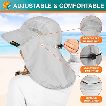 SUN CUBE Wide Brim Sun Hat with Neck Flap for Men Women, UPF50+ Fishing - color: Light Grey