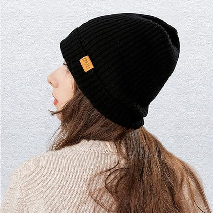 100% Merino Wool Cuff Beanie Hat, Unisex Warm Winter Caps Soft, Breathable & Cozy Stretchy Knitted Cuffed Cap - color: Black