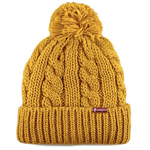 Women and Men Beanie Daily Winter Oversized Thick Stretchy Knitted Pom Pom Beanie Fleece Lined Beanie Hat - color: 1. Curly Mustard W/ Label