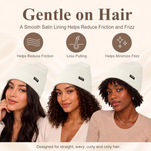 Satin Lined Winter Beanie Hats for Women Men Cotton Knitted Cuffed Knit Hat - color: White