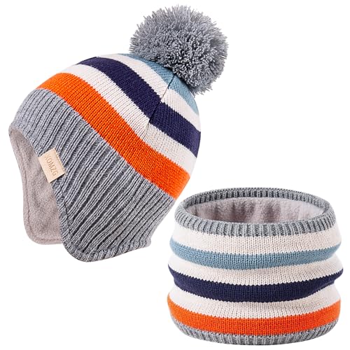 Beanie Knit Hats for Toddlers with Earflap Fleece Lined Hat Kids Warm Winter Hat Scarf Set Children's Thick Ski Cap - color: Rainbows-orange+scarf