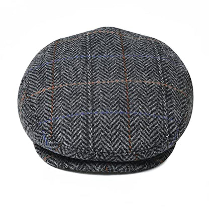 Men Wool Plaid Ivy Gatsby Newsboy Cap - color: Plaid Grey, size: 7 5/8