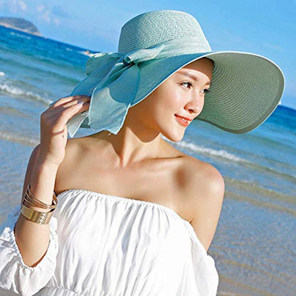 FSIGOM Women's Folable Floppy Hat,Wide Brim Sun Protection Straw Hat, Summer UV Protection Beach Cap - color: C1-f-mint Green, size: Large