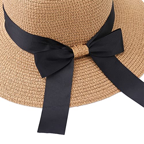 Sun Straw Hat for Women with Wind Lanyard Wide Brim Foldable Beach Summer Hats Womens UV 50+ Protection Bowknot Cap - color: Yellow