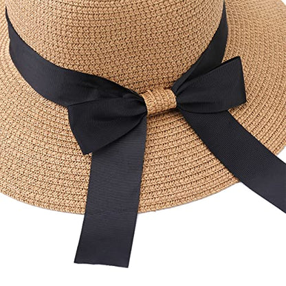 Sun Straw Hat for Women with Wind Lanyard Wide Brim Foldable Beach Summer Hats Womens UV 50+ Protection Bowknot Cap - color: Light Purple