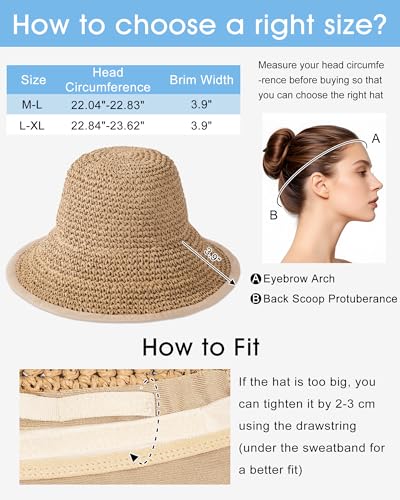 Sun Hats for Women, Summer Beach Straw Wide Brim Bucket Hat - color: Khaki, size: Large