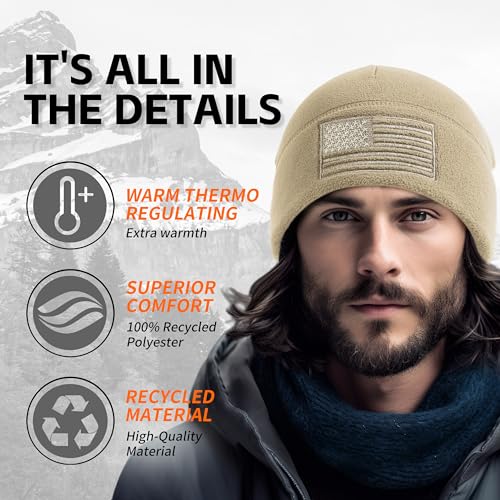 OUTDOOR SHAPING American Flag Fleece Beanie with Embroidered Patch Hat - color: Beige