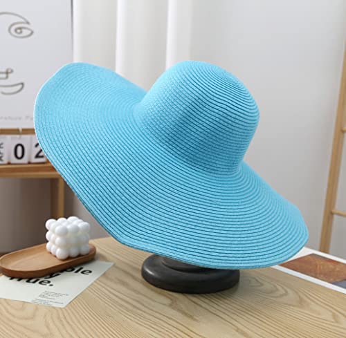 Big Beach Hats for Women Foldable Summer Wide Brim Packable Oversized Sun Hat Lady Girl Travel Straw Cap - color: Light Blue