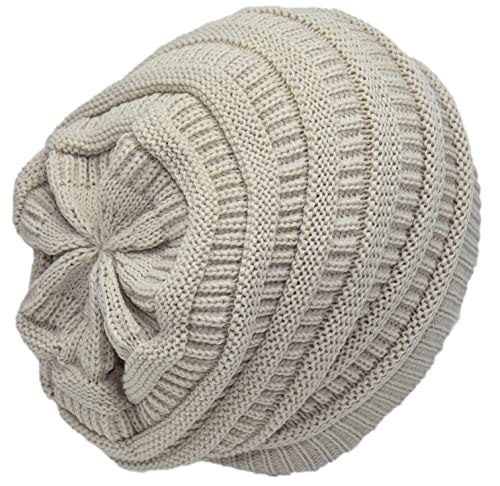 C.C Beanie Oversized Hat with Fuzzy Lining – Thick Knit Thermal Beanie for Cold Weather, Soft Warm Fleece Lined Cap - color: Beige
