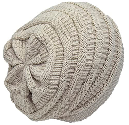 C.C Beanie Oversized Hat with Fuzzy Lining – Thick Knit Thermal Beanie for Cold Weather, Soft Warm Fleece Lined Cap - color: Beige