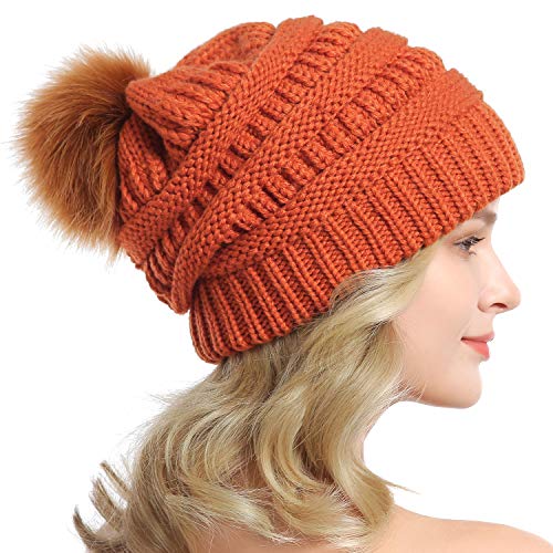 Women Knit Slouchy Beanie Chunky Baggy Hat with Faux Fur Pompom Winter Soft Warm Ski Cap - color: D8-orange