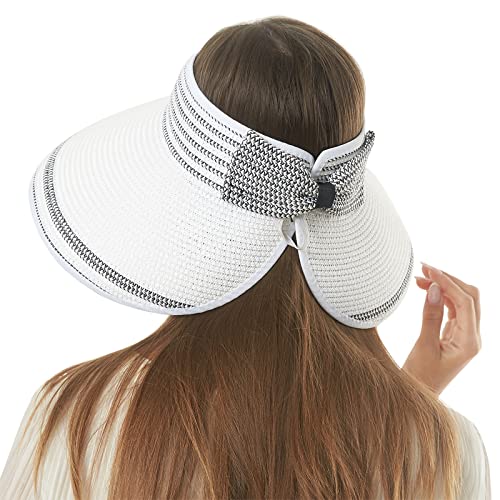 Women Sun Visors Foldable Straw Hats Summer Beach Packable Hat Floppy Wide Brim Cap Deep Style, Adjustable Size - color: White