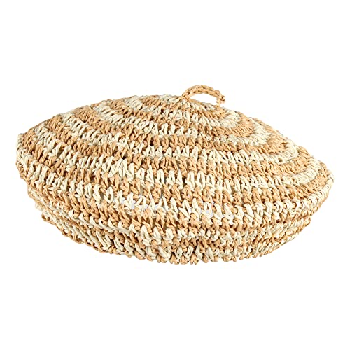 Women Summer Straw Woven Sunhat Classic Beret Artist Painter Sun Hat Cap - color: Stripes Khaki