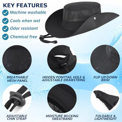 Cooling Sun Bucket Hat, UPF 50+ Wide Brim Boonie Hat with Ponytail Hole - color: 01 Black
